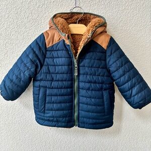 OshKosh Boys Puffer Sherpa Jacket Fully Reversible 24m 2T Tan Brown Navy Blue